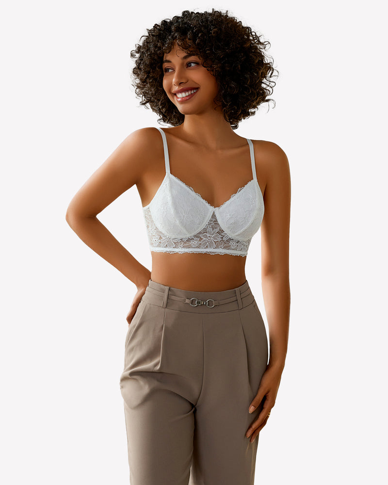 White lace bralette and brown trousers. Comfortable and breathable wireless bra for everyday wear.