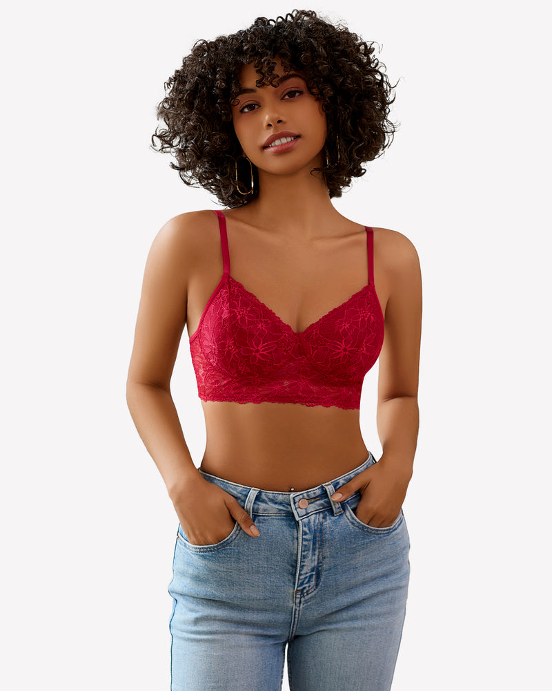 Red lace bralette with blue jeans. Comfortable wireless bra with floral lace details.