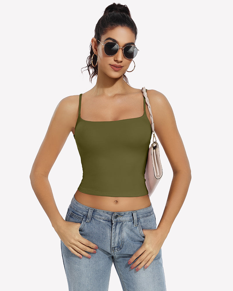 Olive green double-lined tank top with square neck and spaghetti straps, perfect for daily outfit