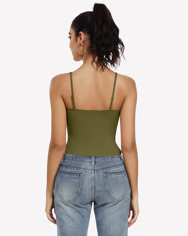 Olive green tank top with square neck and adjustable straps, perfect for casual wear