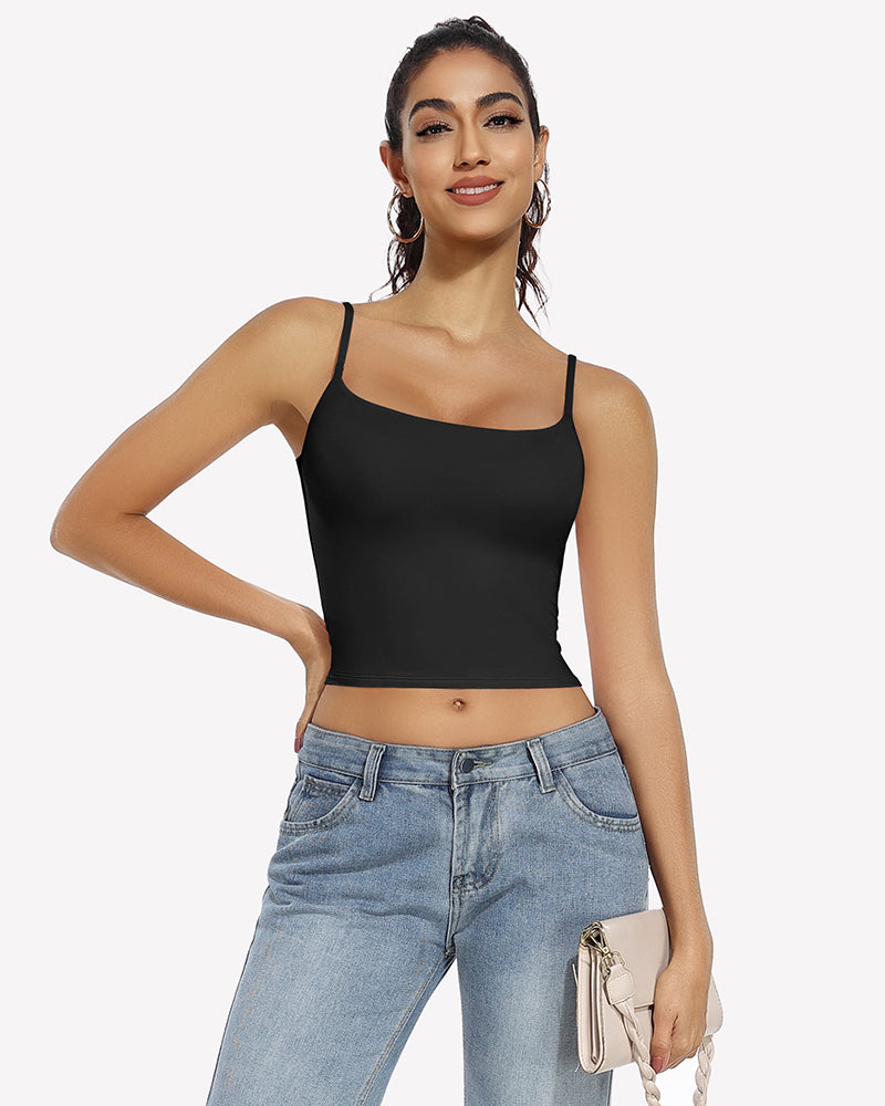 Black double-lined tank top with spaghetti straps and square neck, perfect for daily outfit
