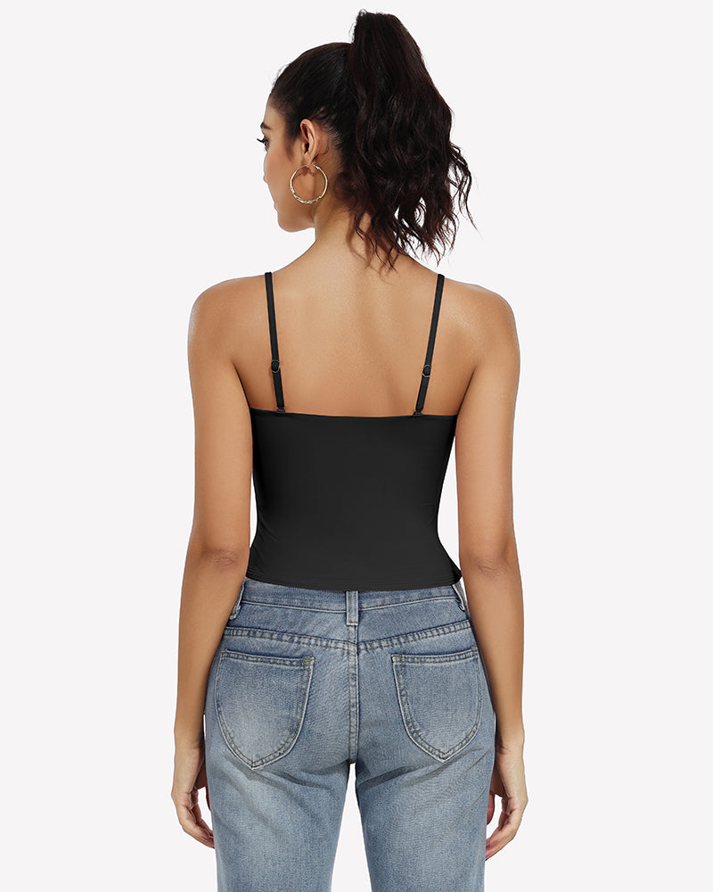 Black crop top with square neck and adjustable spaghetti straps, perfect for casual wear