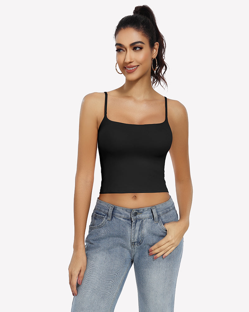 Black double-lined tank top with square neck and spaghetti straps, perfect for daily wear