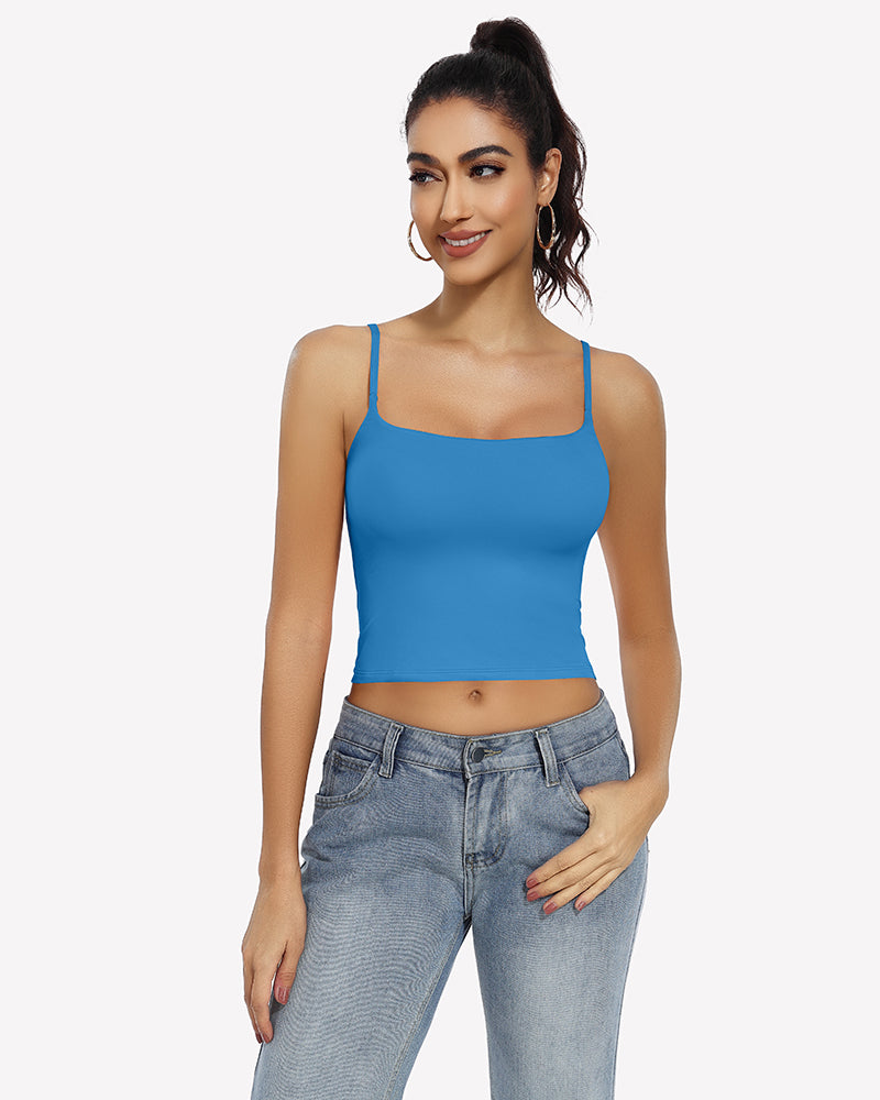 Blue double-lined tank top with square neck and spaghetti straps, perfect for daily outfit
