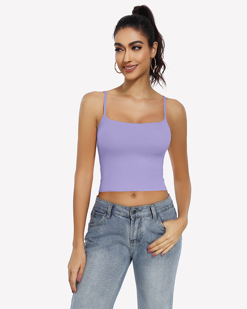Lavender square neck crop top with adjustable straps, perfect for casual wear and daily outfit