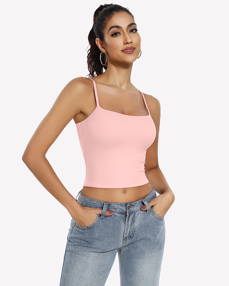 Pink square neck crop top, ideal for daily outfits and casual wear, with adjustable straps