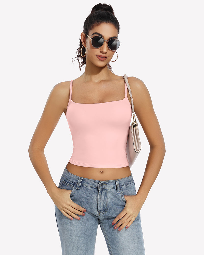Pink square neck crop top with adjustable straps, perfect for daily outfit and casual wear