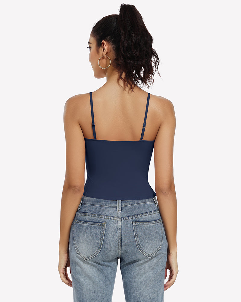 Navy blue square neck tank top with adjustable straps, perfect for daily outfit and casual wear