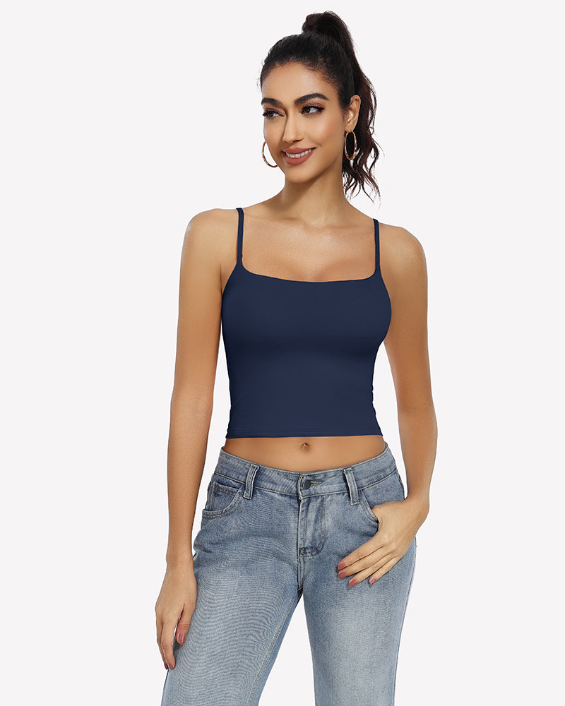 Navy blue square neck crop top with adjustable straps, perfect for daily outfit and casual wear