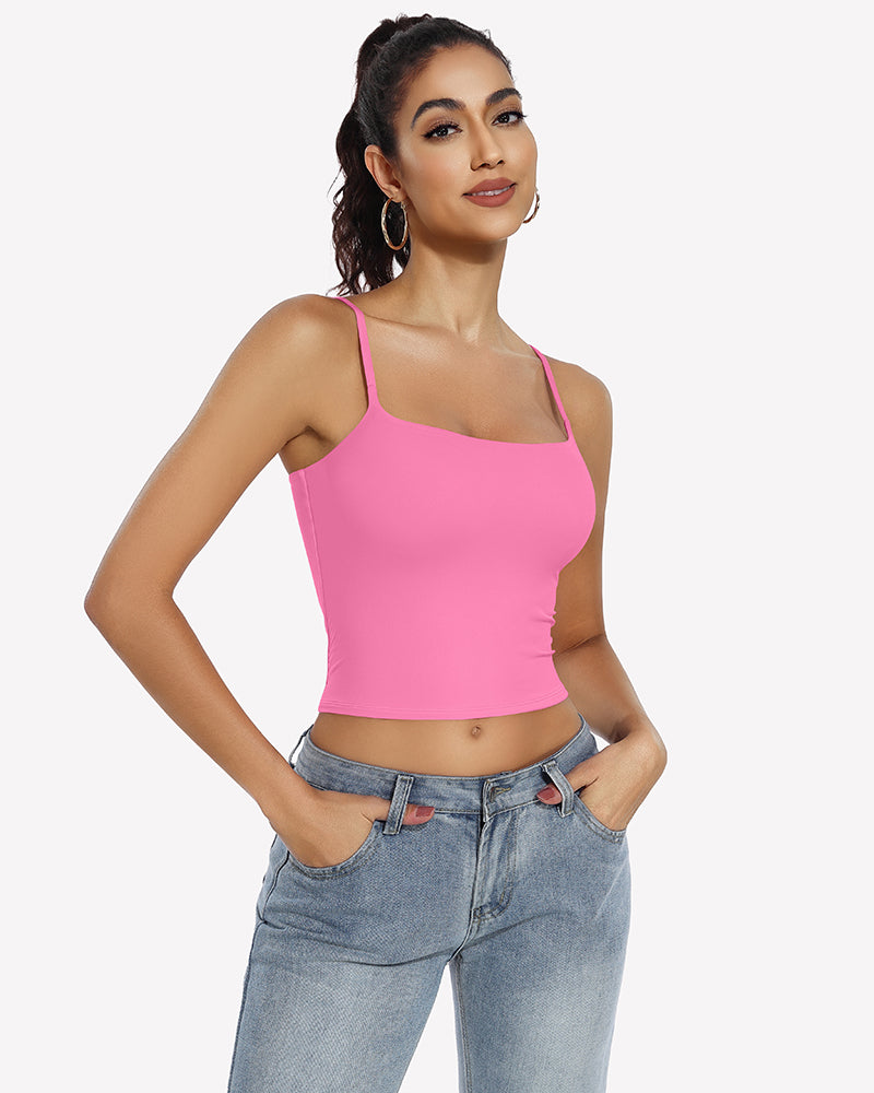 Stylish pink square neck crop top with adjustable straps, ideal for daily wear and casual outfits