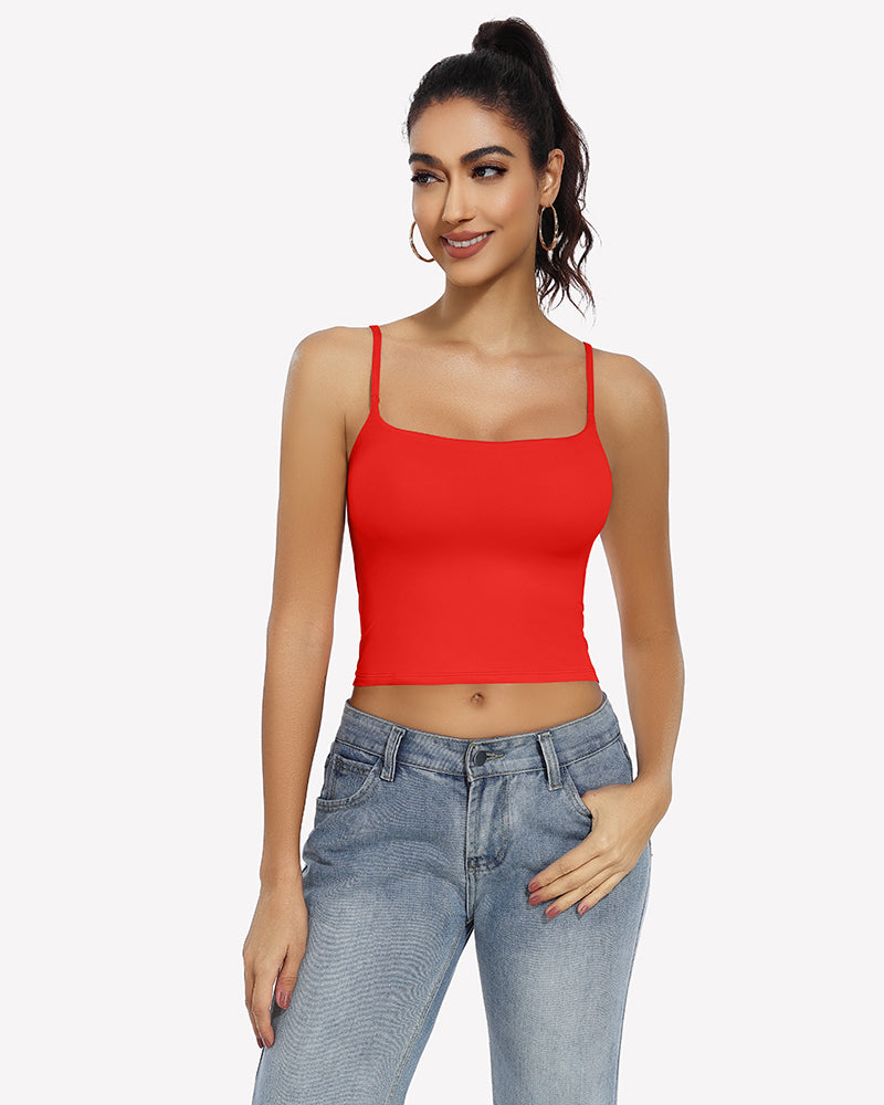 Red square neck crop top with adjustable straps, ideal for daily outfits and casual wear