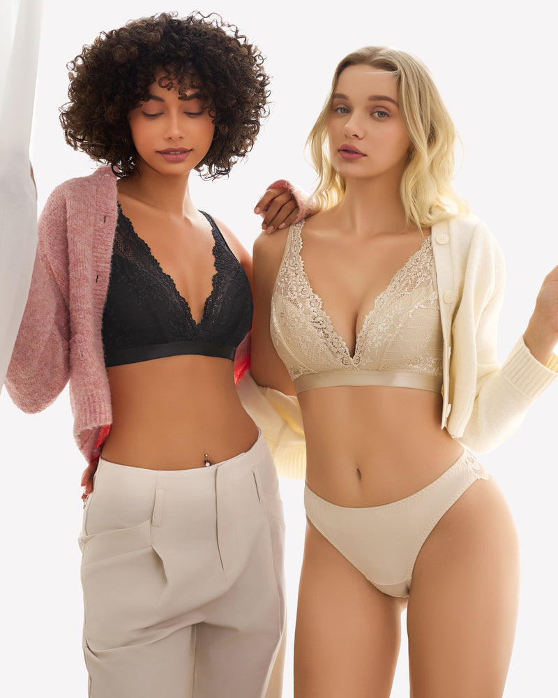 Models in black and beige lace wireless bralettes, showcasing comfort and style for everyday wear.