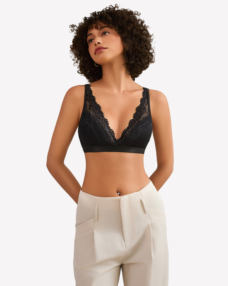 Black lace wireless bralette, sheer floral lace, adjustable straps, perfect for everyday wear.