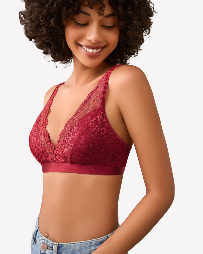 Burgundy lace wireless bralette with adjustable straps, showcasing comfort and style.