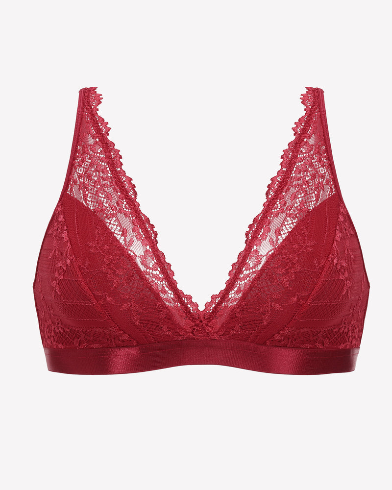 Red lace bralette with adjustable straps and satin band, designed for comfort and style.