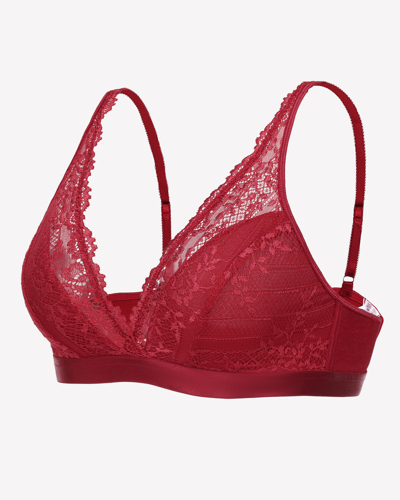 Burgundy lace wireless bralette with adjustable straps, showcasing comfort and style