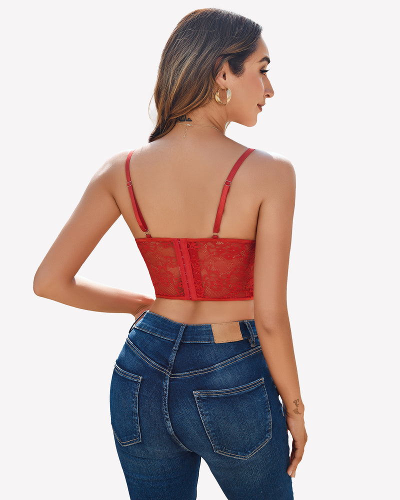 Red lace corset top with adjustable straps and blue jeans, floral lace design