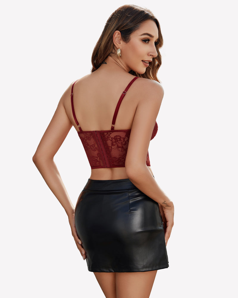 Burgundy lace corset top with adjustable straps and black leather mini skirt. Sexy lingerie.