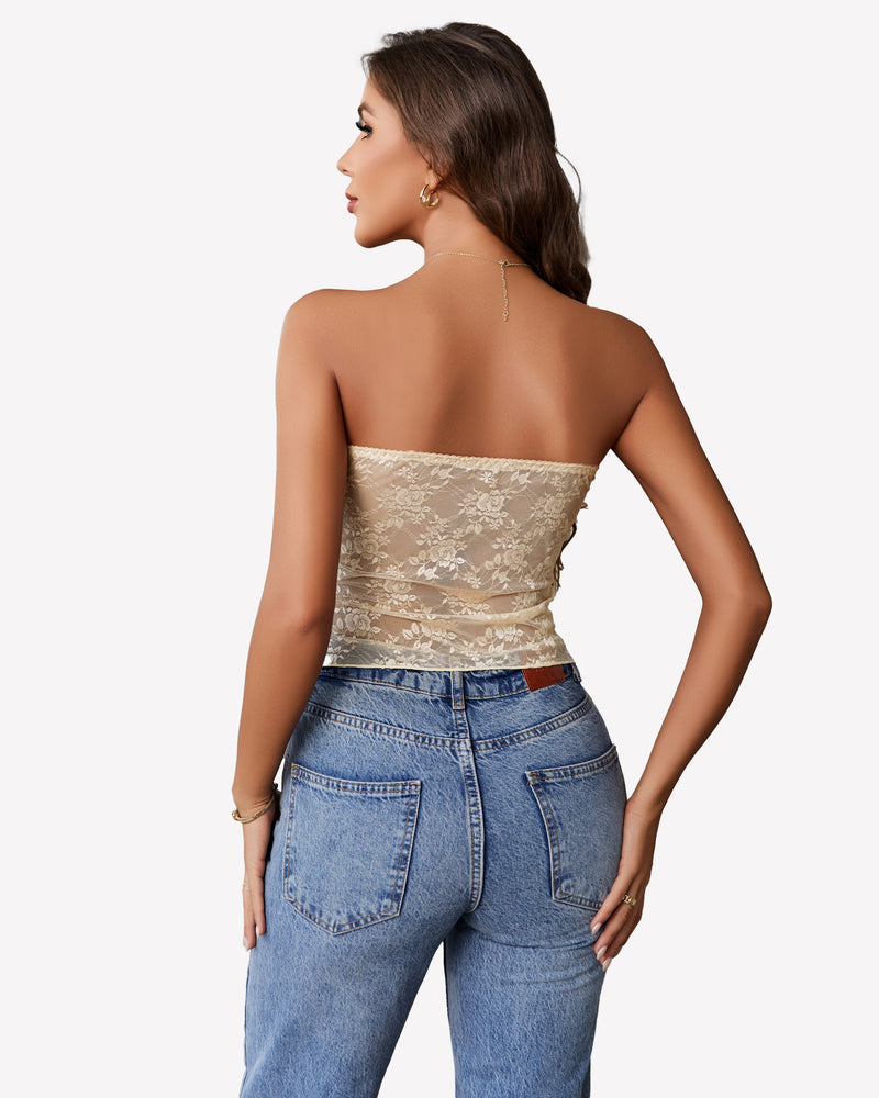 Beige floral lace Y2k tube crop top with blue jeans, showing shoulder curves, stylish