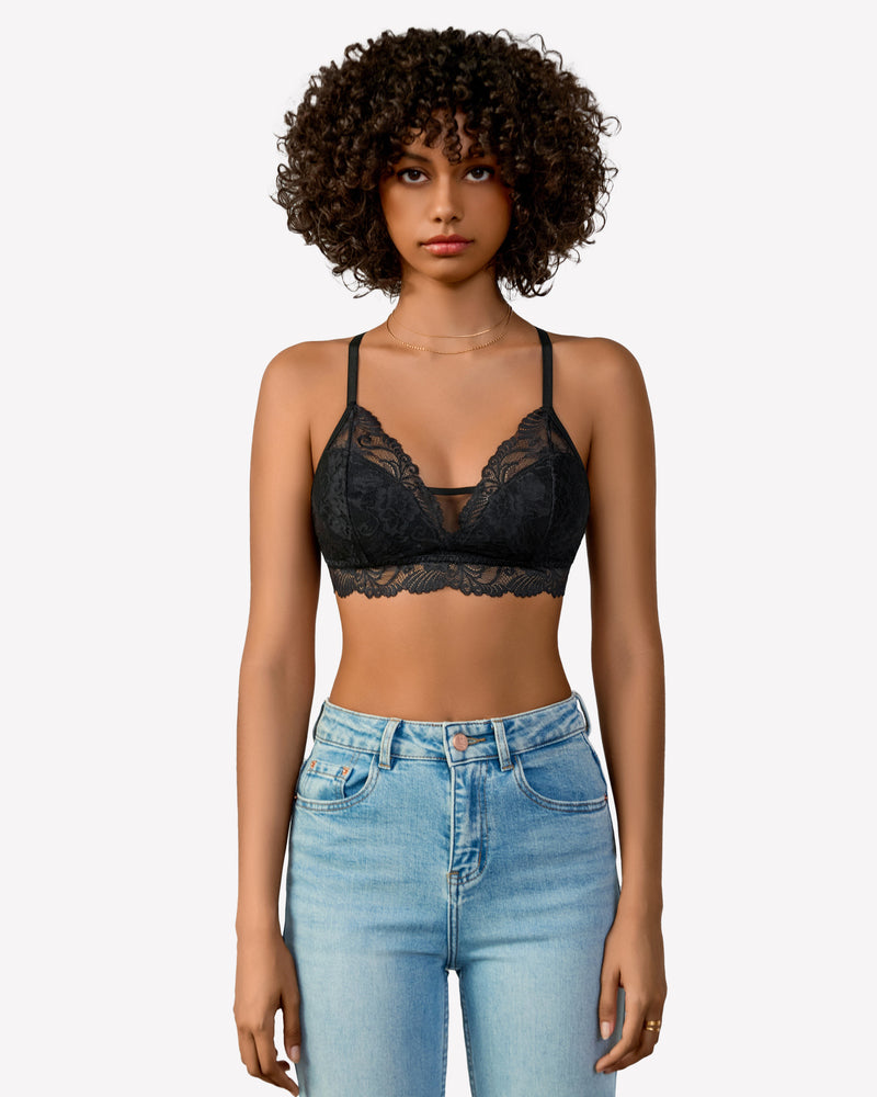 Black lace bralette with no underwire, floral lace design, offering a seamless fit.