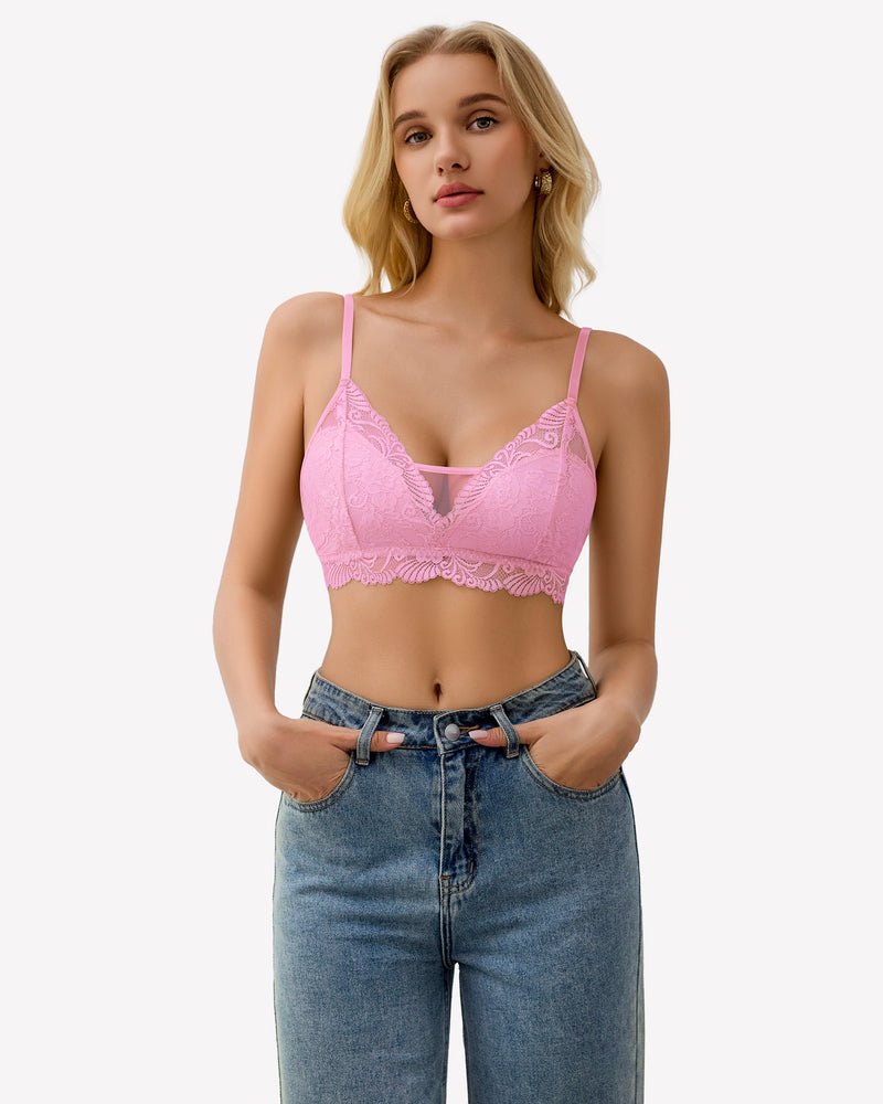 Pink floral lace bralette with adjustable straps, paired with blue denim jeans. Seamless fit.