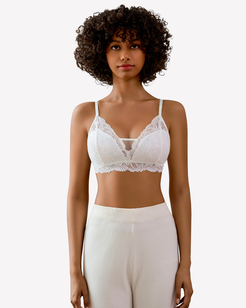 White floral lace bralette with adjustable straps and floral design, no underwire.