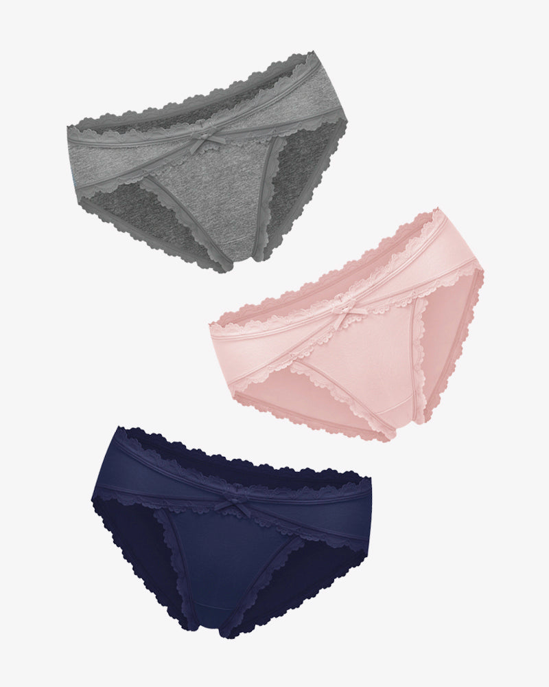 Cotton hipster panties in gray, pink, and navy blue with lace trim and bow detail
