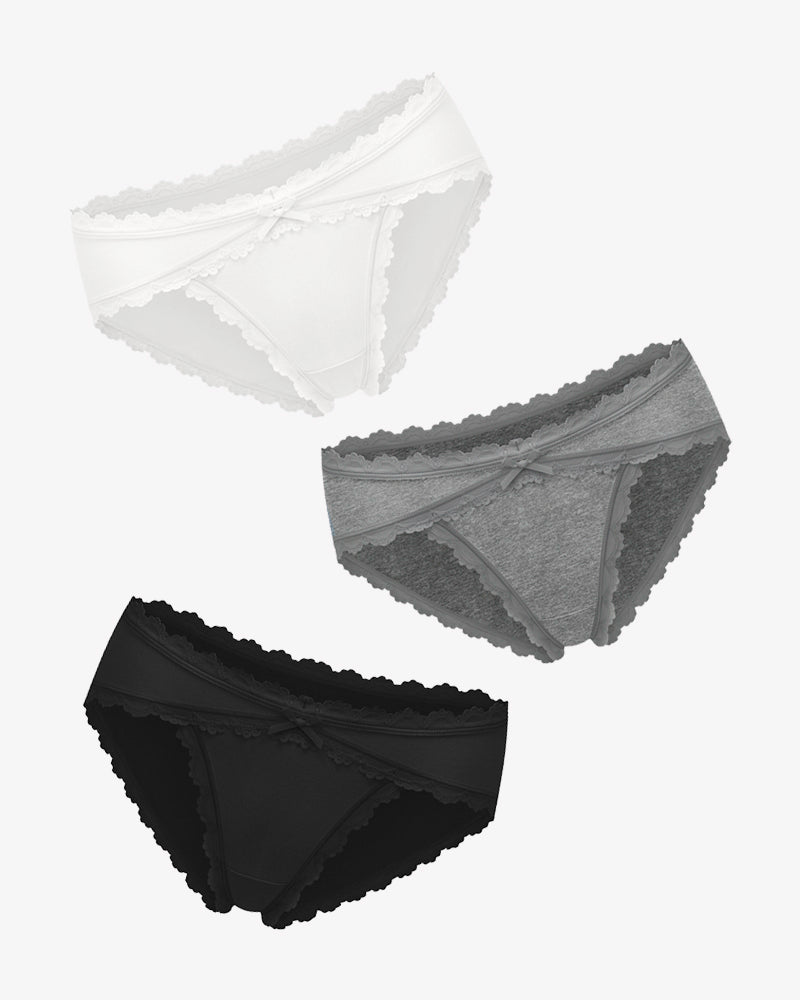 Cotton hipster panties in white, gray, and black with lace trim and bow detail