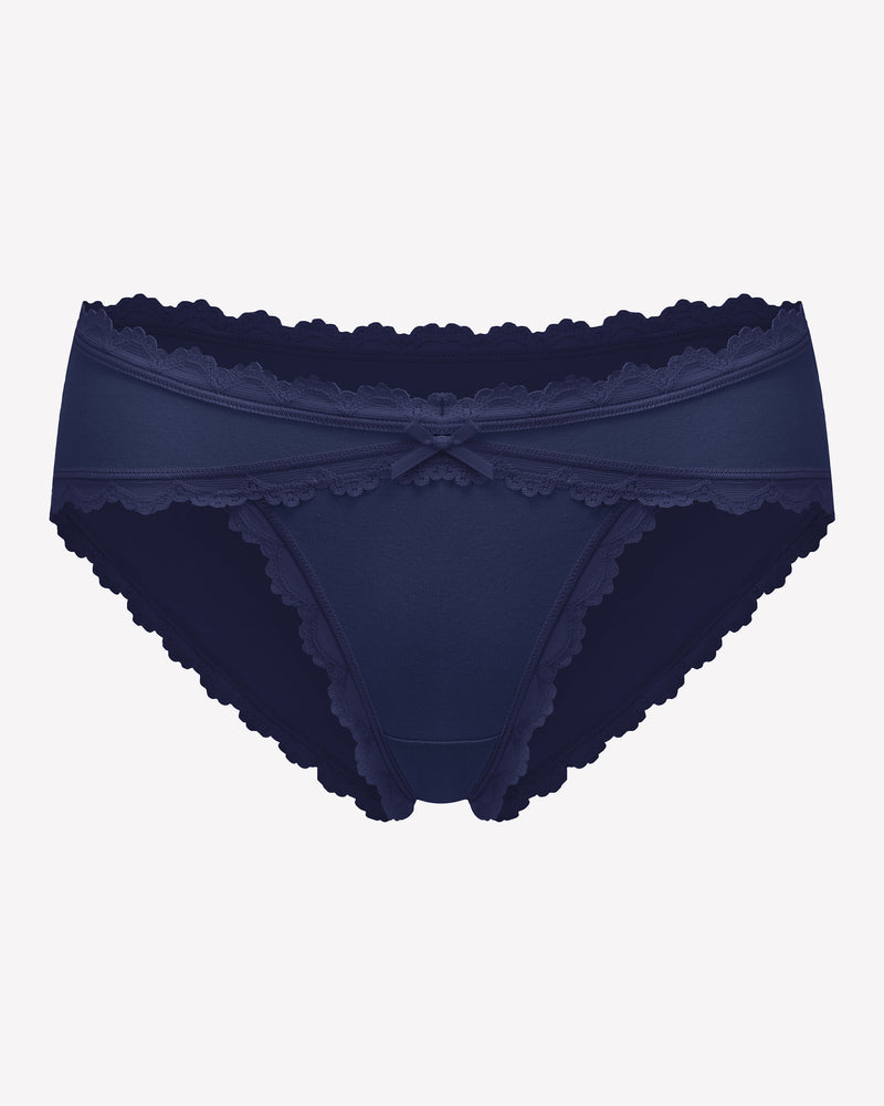 Navy blue cotton hipster panties with lace trim and bow detail, perfect for everyday wear.