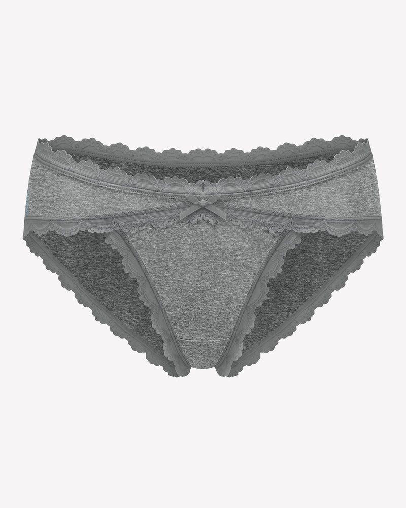 Gray cotton hipster panties with lace trim and bow detail, perfect for everyday wear.