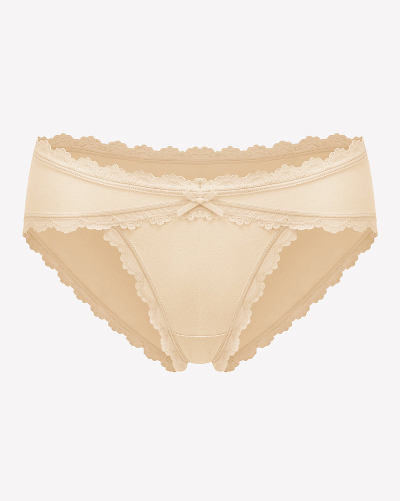 Beige cotton hipster panties with lace trim and bow detail, perfect for everyday wear.