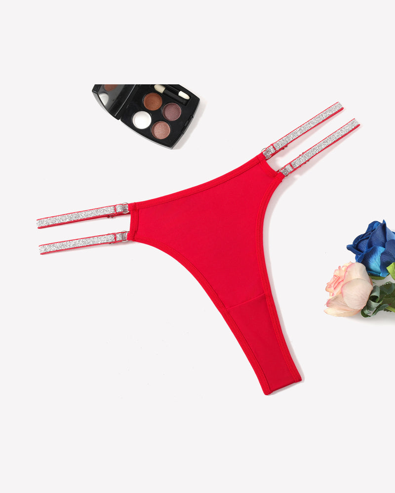 Red low waist Brazilian tanga panties with flashing strap details. Sexy lingerie.