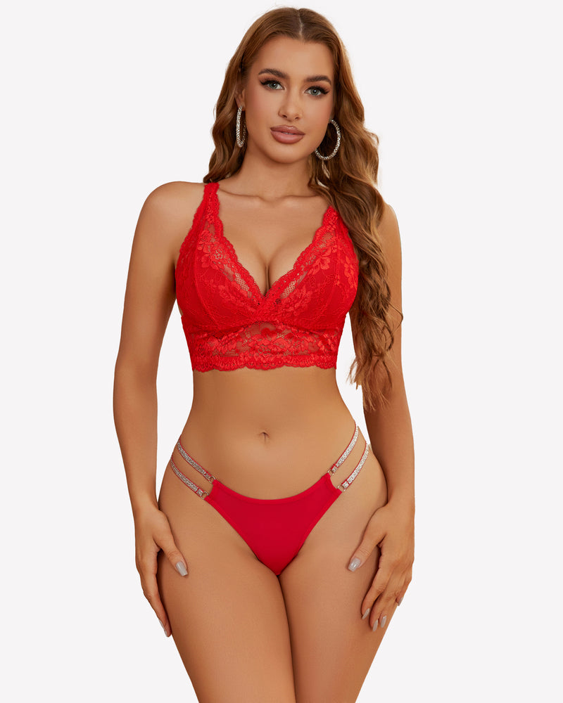 Red lace bralette and low-waist Brazilian tanga panties with flashing strap details. Sexy lingerie.
