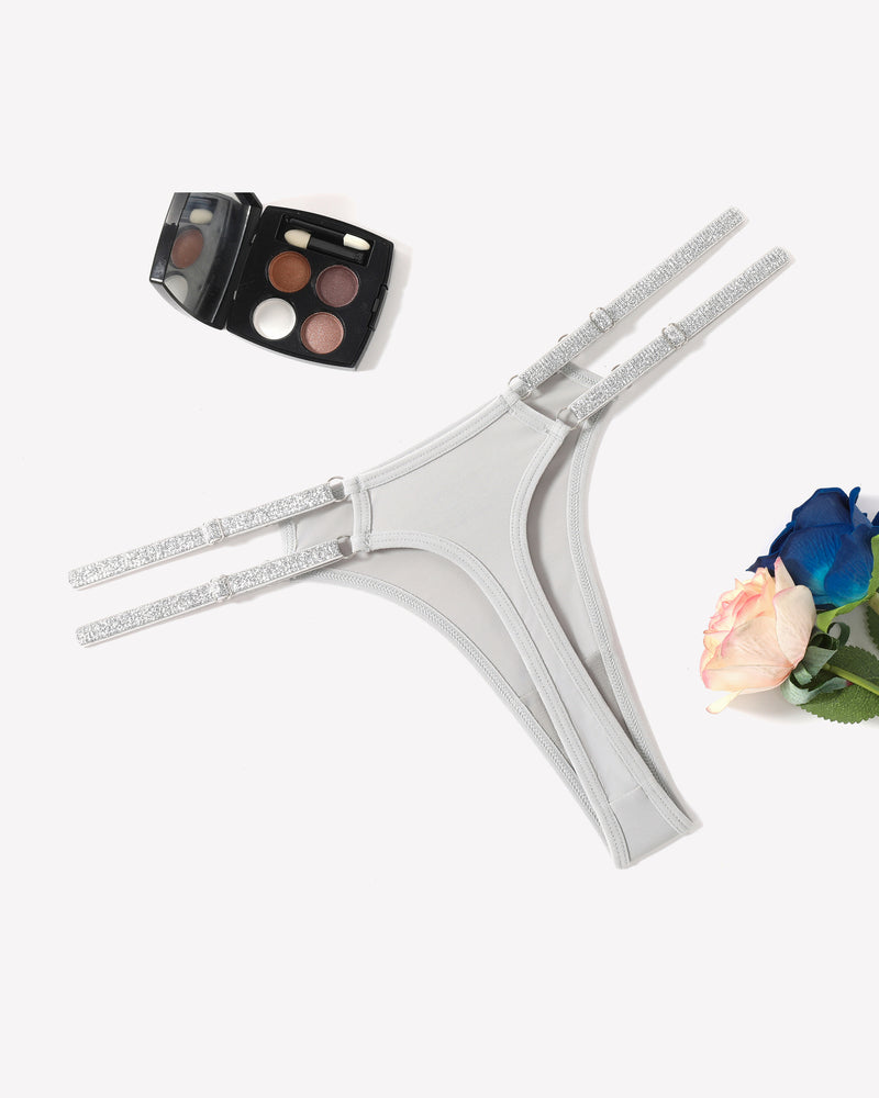 Light gray low waist Brazilian tanga panty with flashing strap details, sexy lingerie