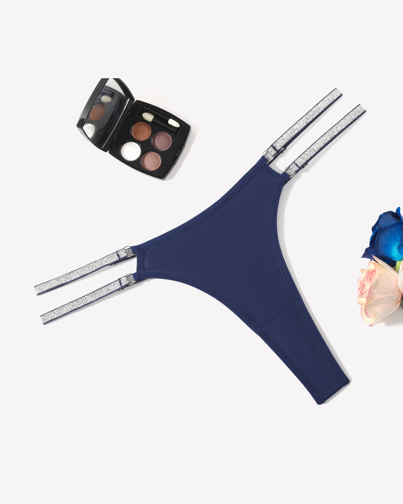 Navy blue low waist Brazilian tanga panties with flashing strap details, sexy lingerie