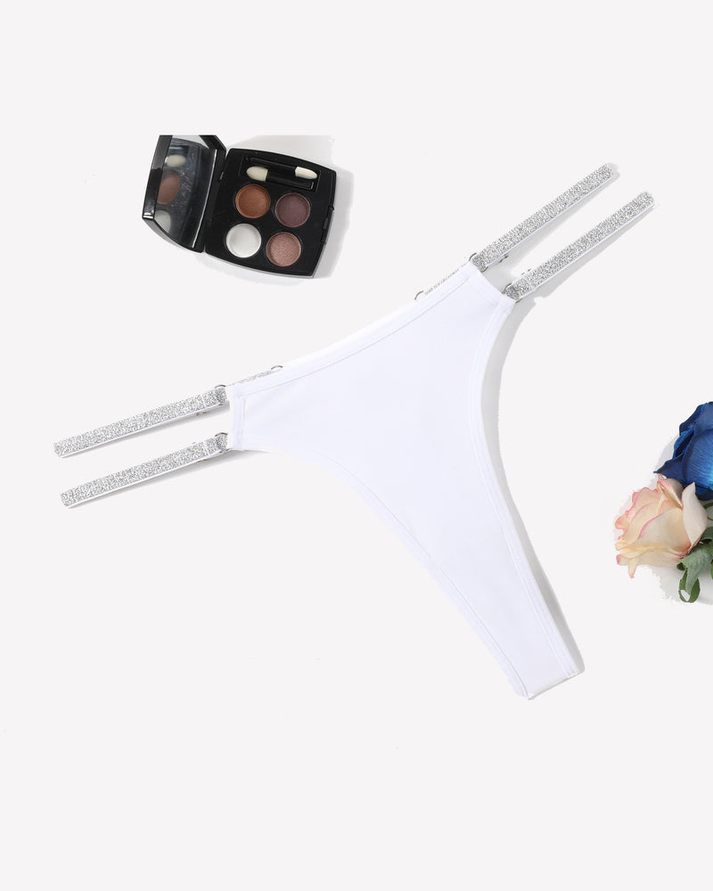 White low waist Brazilian tanga panties with flashing strap details. Sexy lingerie.