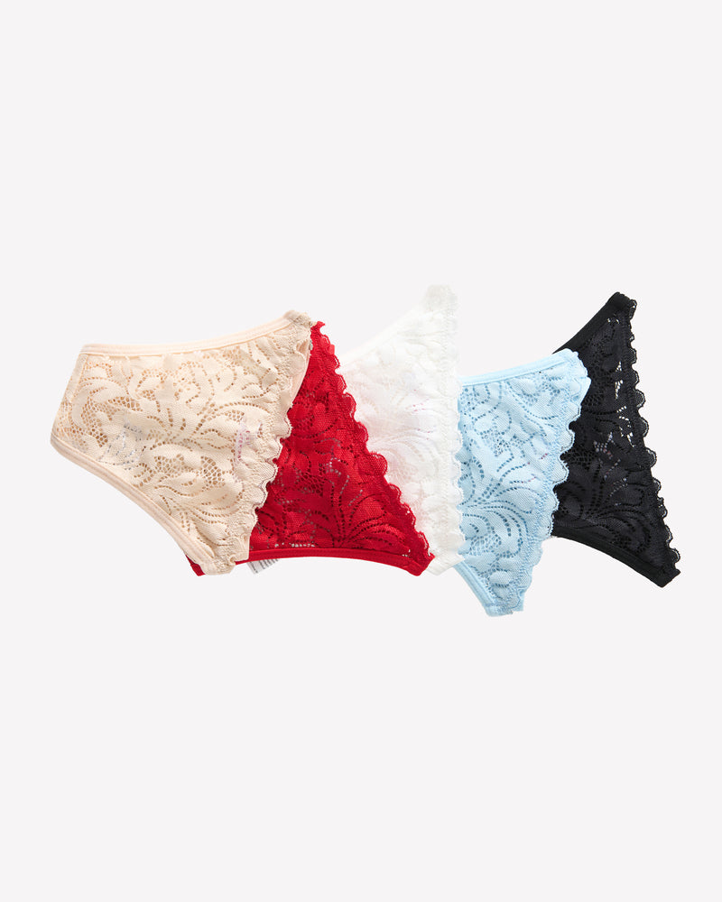 Lace low rise tanga cheeky underpants in multiple colors: beige, red, white, blue, and black.