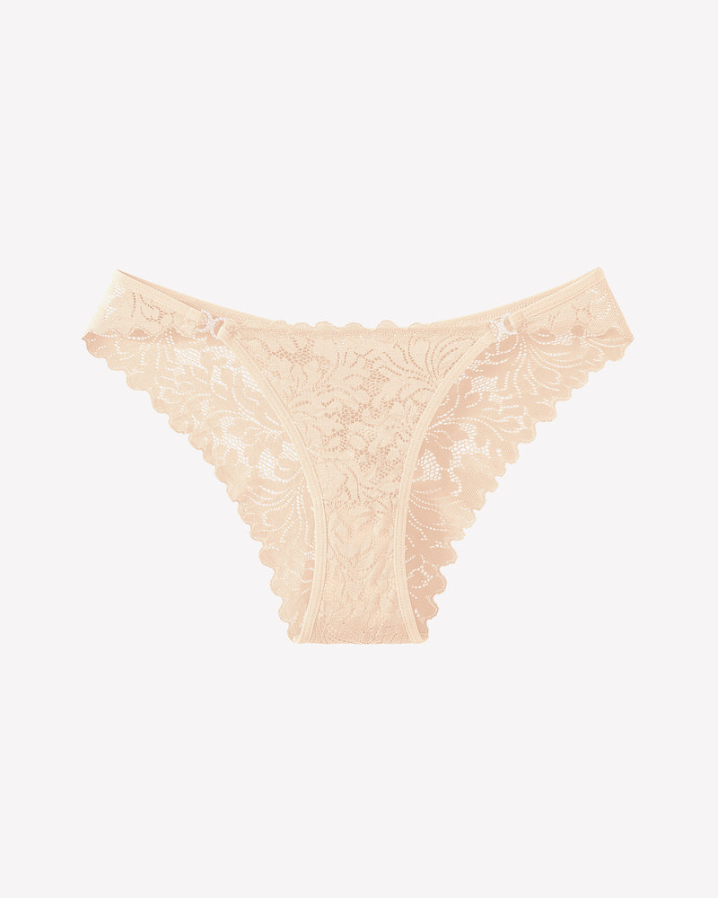 Beige lace low rise tanga cheeky underpants, soft and breathable, for confidence and romance.
