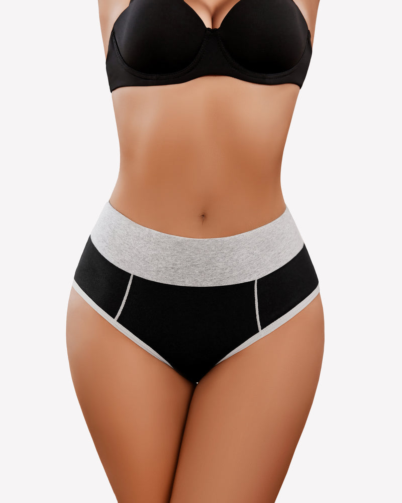 High-waist cotton hipster panties in black with grey waistband, comfortable fit, color-clash design