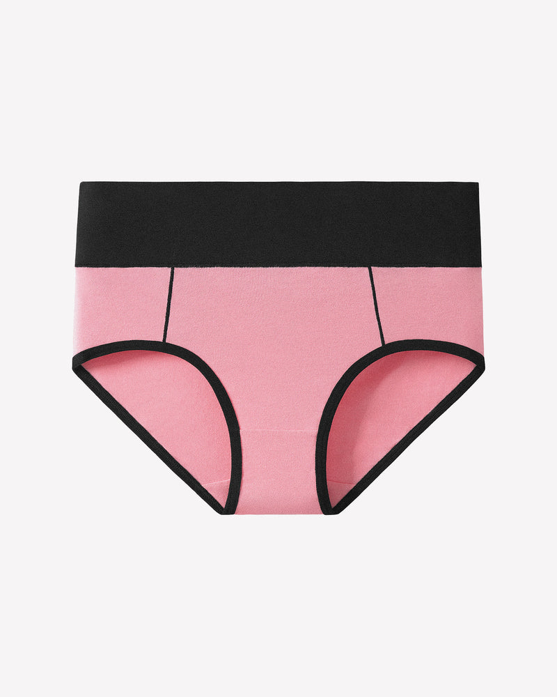 Pink high-waist cotton hipster panties with black trim, comfortable color-clash design