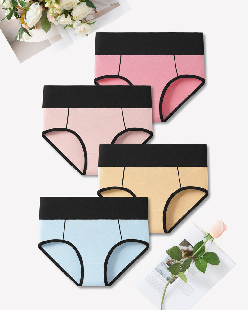 High-waist cotton hipster panties in various colors, color-clash design, comfortable fit