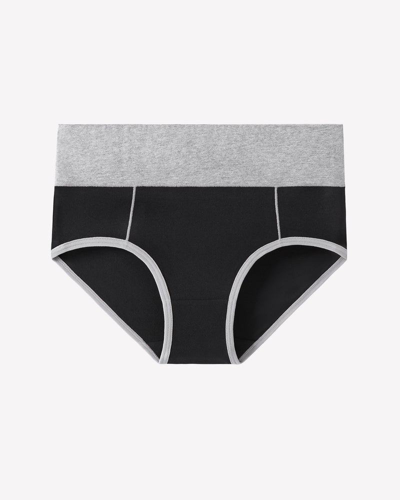 High-waist black cotton hipster panties with gray waistband and color-clash design