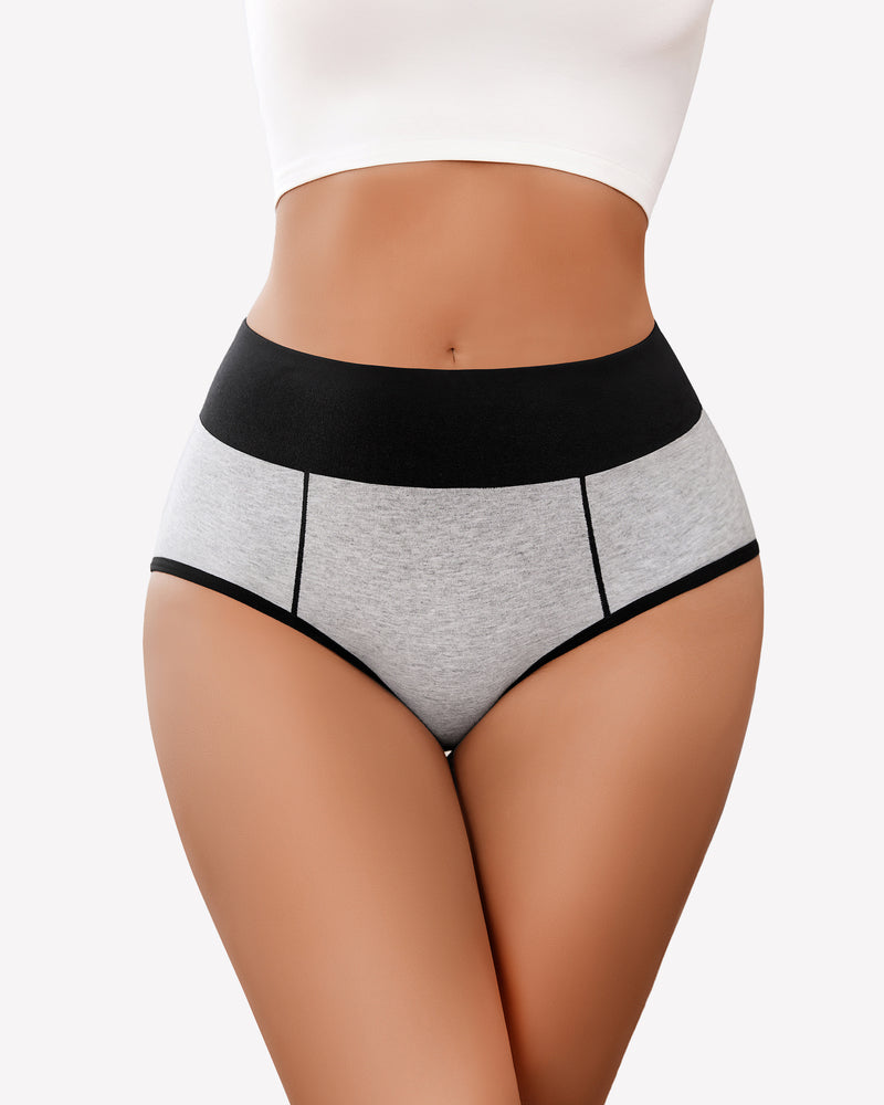 High-waist cotton hipster panties in grey with black waistband, comfortable fit, color-clash design