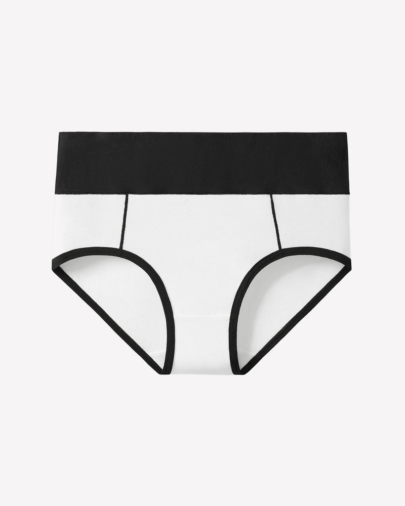 High-waist cotton hipster panties in white with black waistband and trim, color-clash design