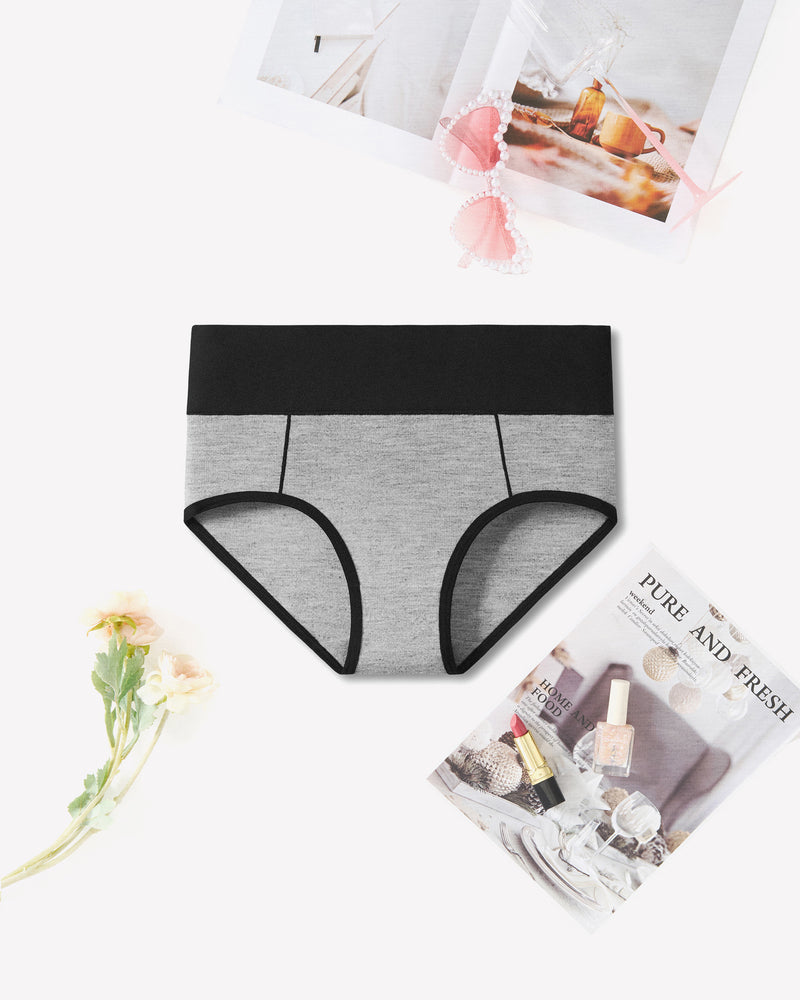 High-waist cotton hipster panties in grey with black trim, comfortable color-clash design, Avidlove