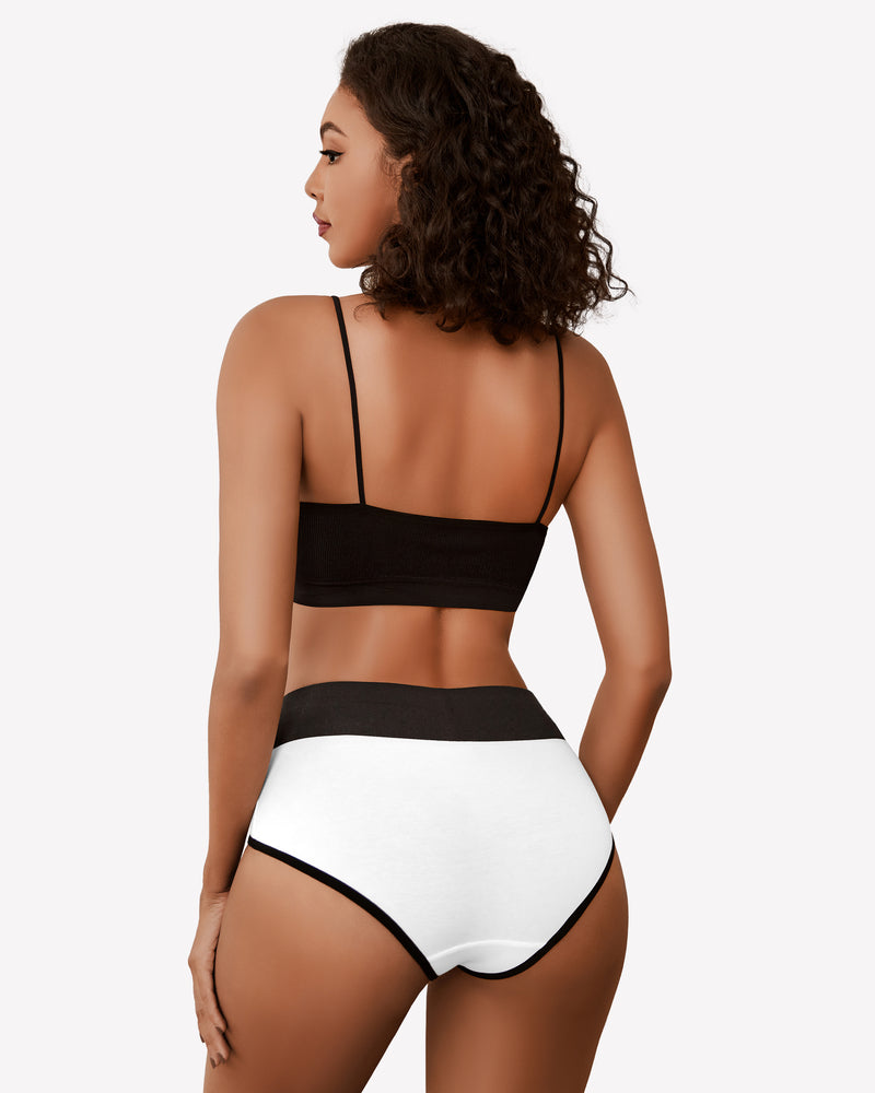 High-waist white cotton hipster panties with black trim, color-clash design, comfortable briefs.