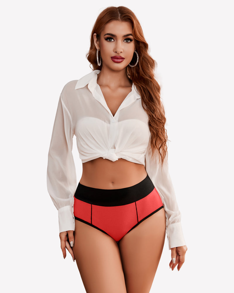 Red high-waist cotton hipster panties with black waistband, comfortable color-clash design, Avidlove