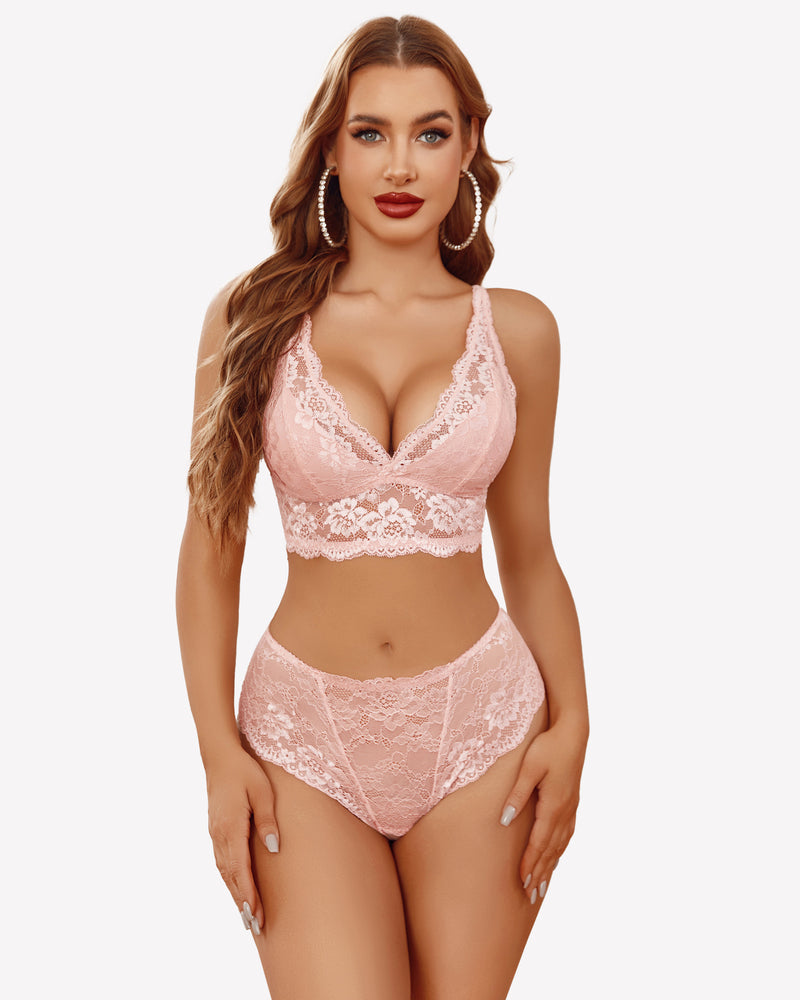 Pink floral lace lingerie set, bralette and high-waisted panties. Comfortable and alluring.