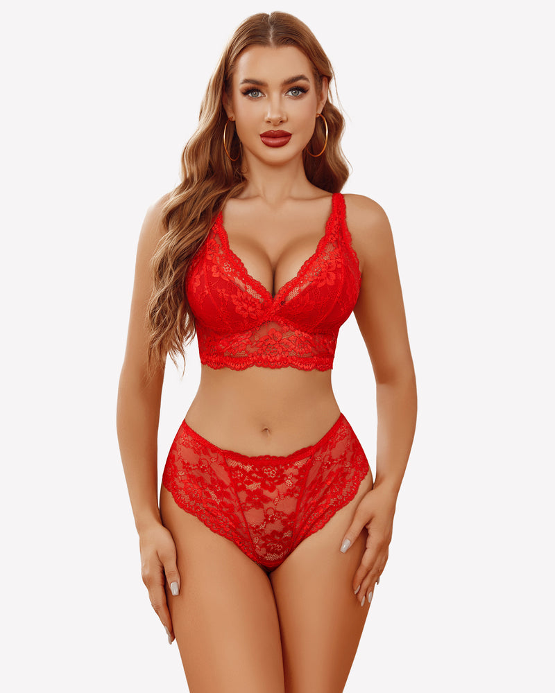 Red floral lace lingerie set, bralette and high-waisted panties. Comfortable and alluring.