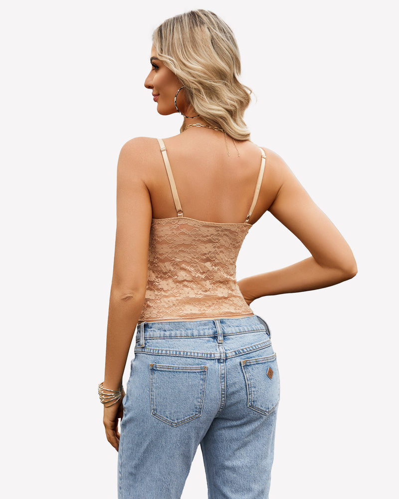 Beige lace camisole crop top, spaghetti straps, and light blue jeans. Y2k tank top.